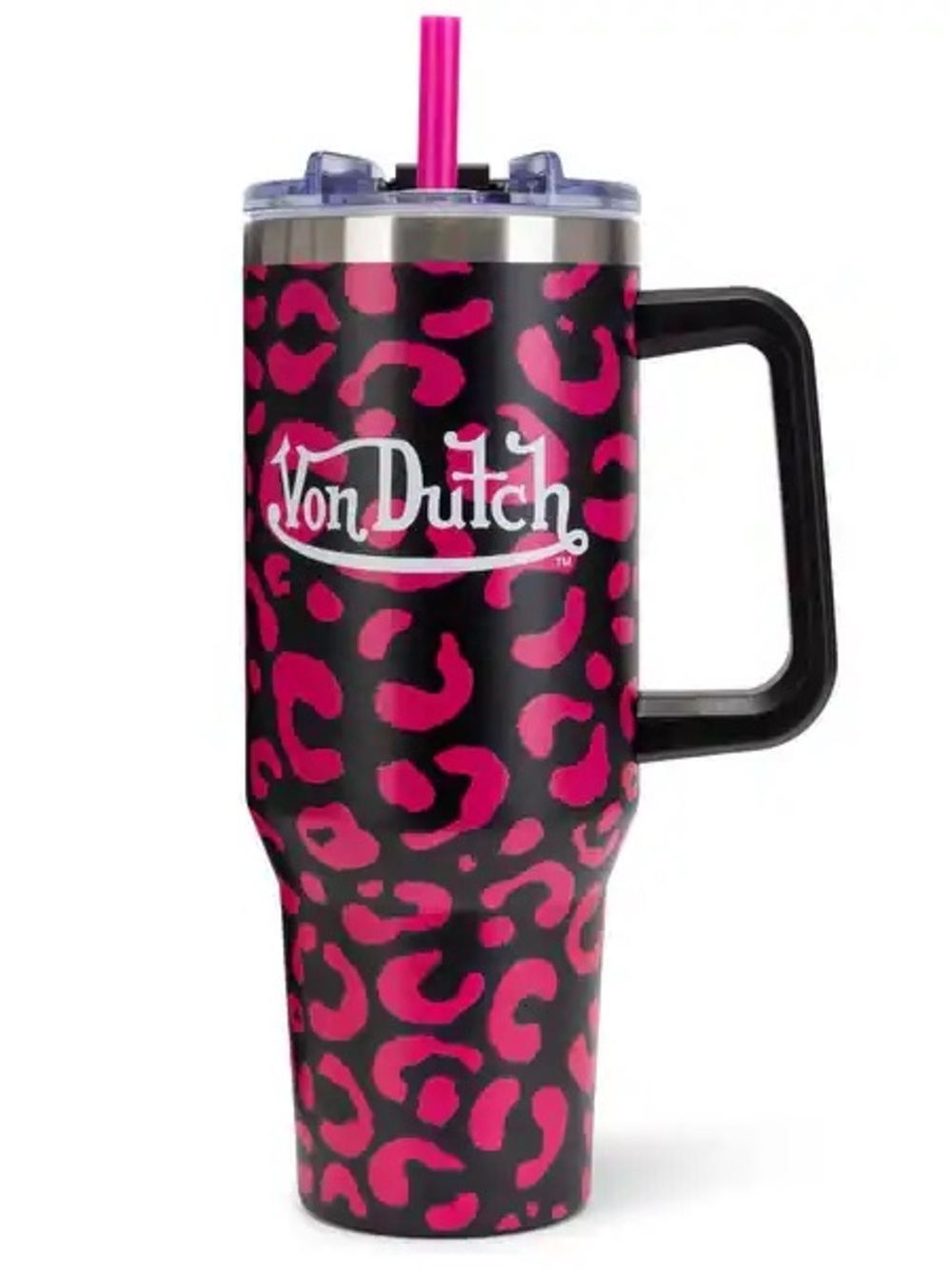 Von Dutch Black & Hot Pink Leopard Print Travel Mug with Handle